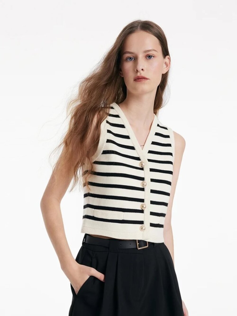 GOELIA Knit Striped V-Neck Vest Cardigan